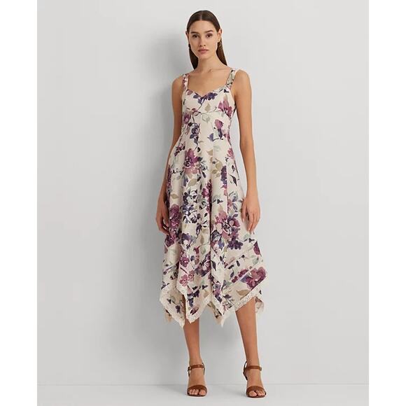 Lauren Ralph Lauren Floral Handkerchief-Hem Midi Dress Cream Multi Size 16W NWT